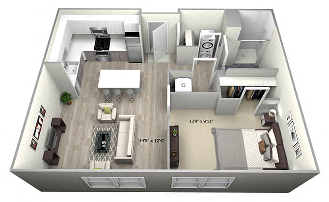 Floor plan for 1 bed, 1 bath, 625 sqft